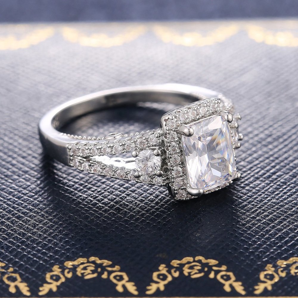 Silver S925 Emerald Cut White Diamond Ring - Picture 4 of 5
